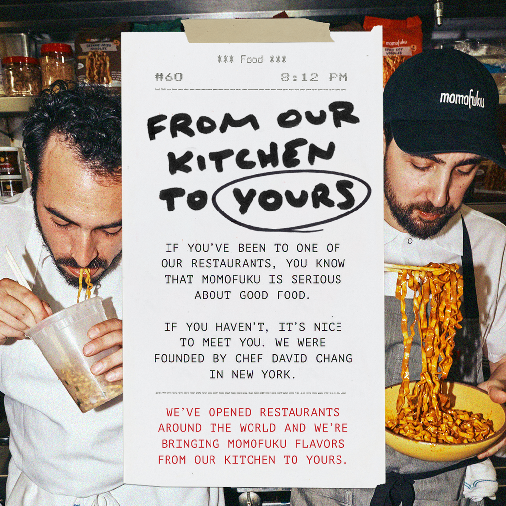 Two chefs eating and holding plates of food with a 'Momofuku' sign in the background.