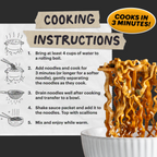 Cooking instructions for noodles with a bowl of noodles and sauce on a black background