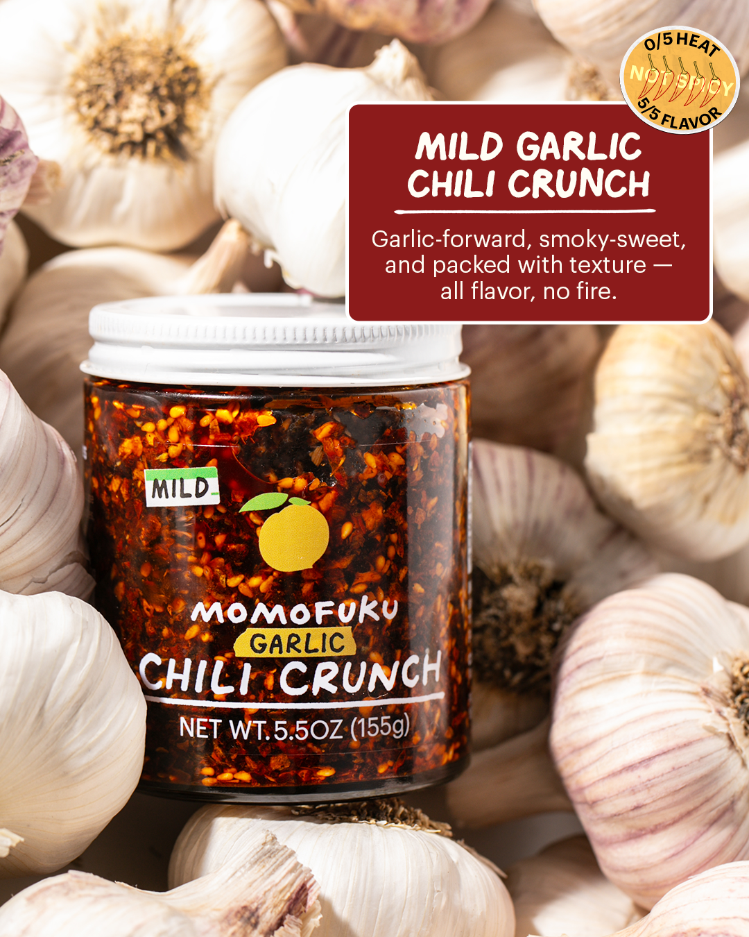 mild garlic chili crunch on garlic background