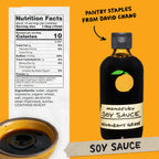 Nutrition: Servings: 16, Serving size 1 tbsp (15ml), Amount Per Serving: Calories 10, Total Fat 0g (0% DV), Sat. Fat 0g (0% DV), Trans Fat 0g, Cholest. 0mg (0% DV), Sodium 1010mg (44% DV),Total Carb. 0g (0% DV), Fiber 0g (0% DV), Sugars 0g, Protein 2g

Ingredients: Water, Soybeans, Wheat, Salt, Alcohol (to retain freshness), Kombu. Contains: Wheat