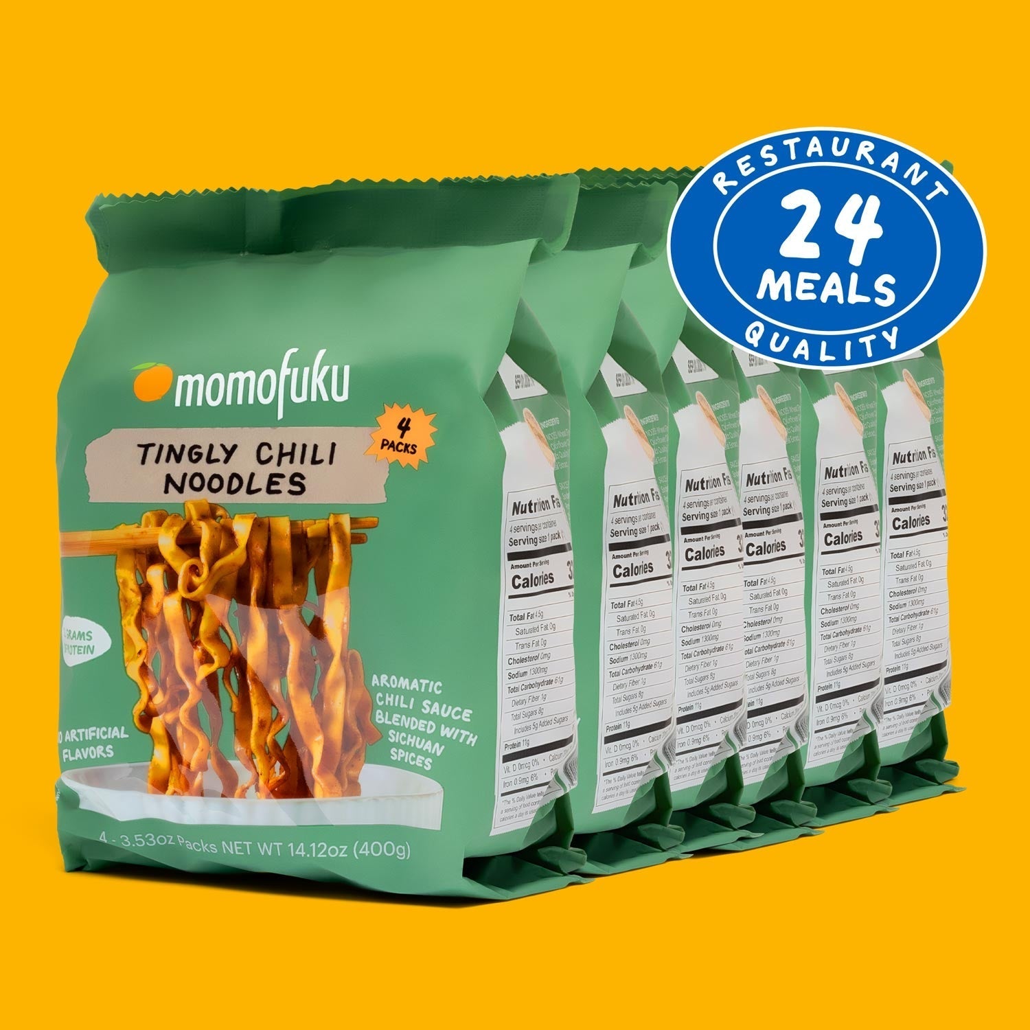 Packaging of Momofuku Tingly Chili Noodles with a label indicating 24 meals quality on a yellow background.