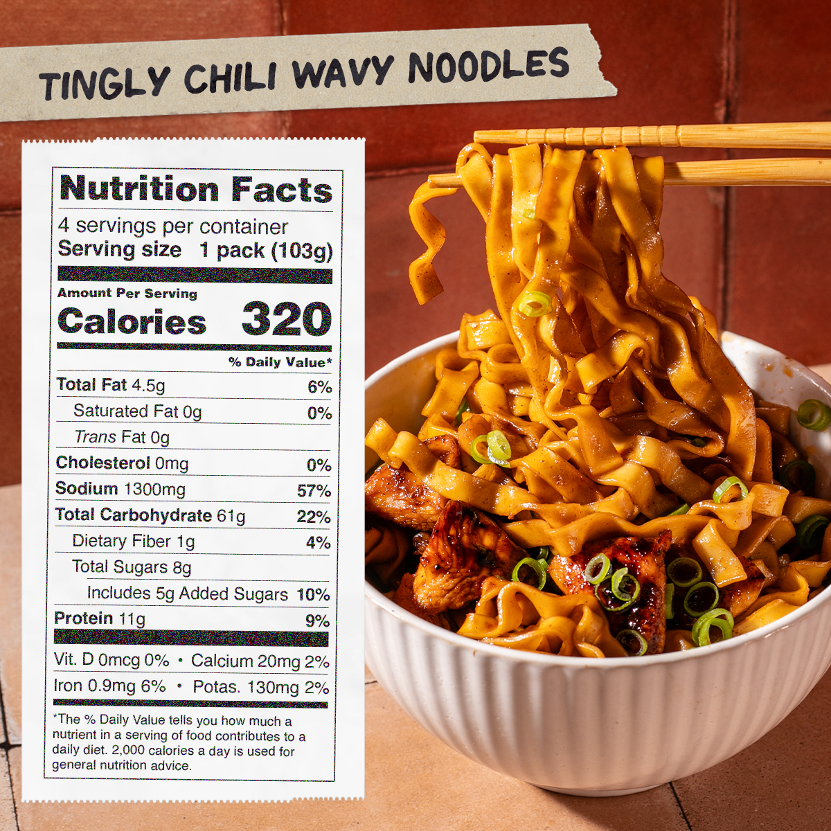 Bowl of Tingly Chili Wavy Noodles with nutrition facts label on a wooden background