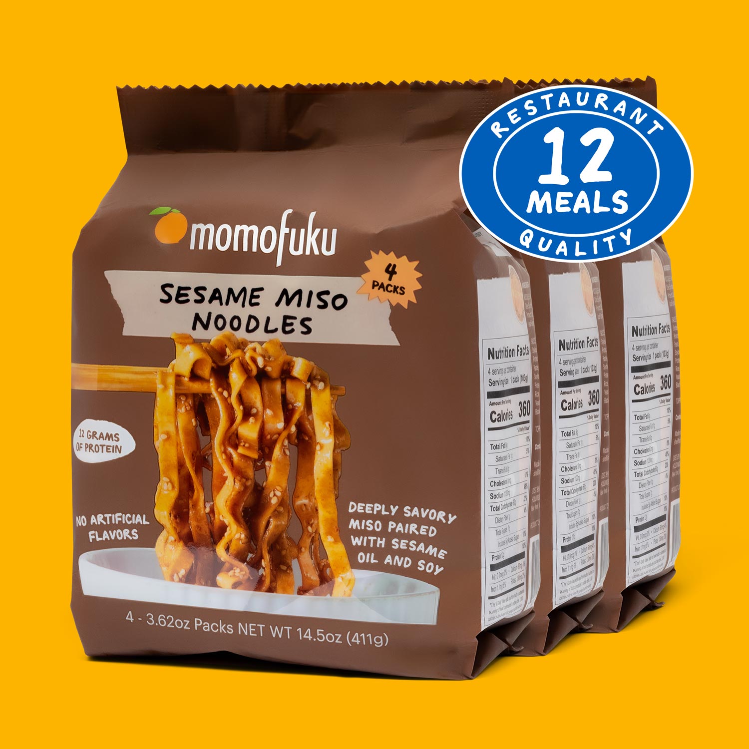 Momofuku Sesame Miso Noodles packaging on a yellow background