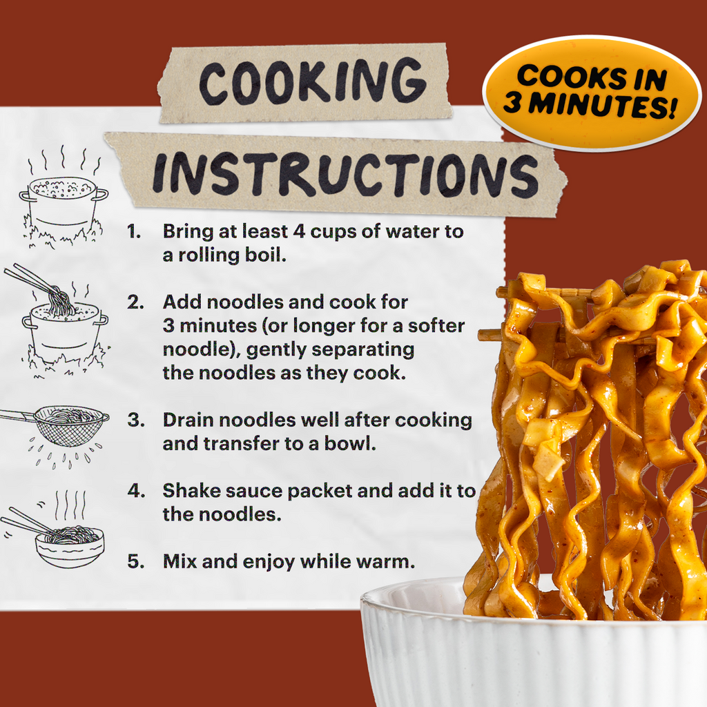 Cooking instructions for instant noodles with a bowl of noodles and text on a brown background.