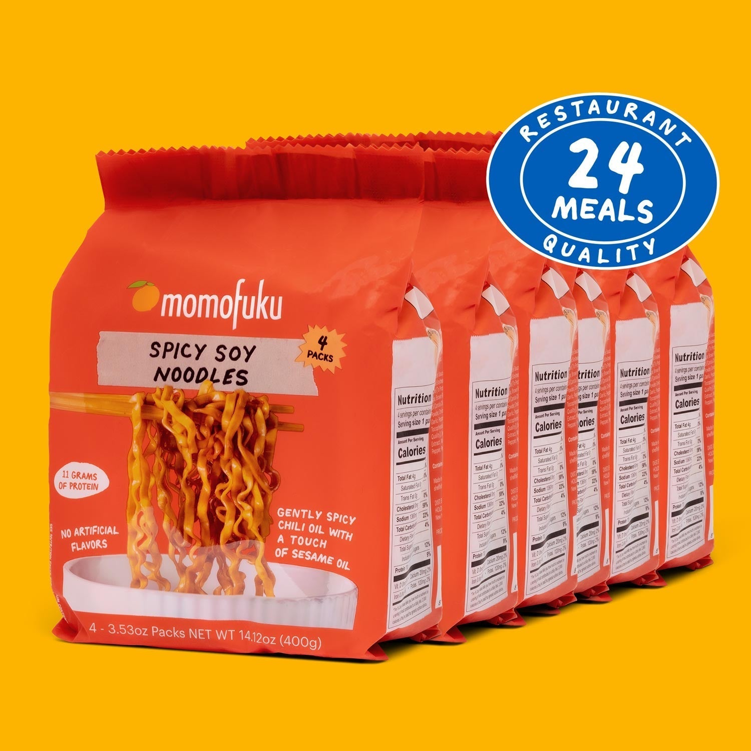 Packaging of Momofuku Spicy Soy Noodles with a yellow background and '24 Meals Quality' badge.
