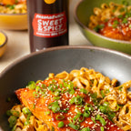 Sweet & Spicy salmon on top of noodles