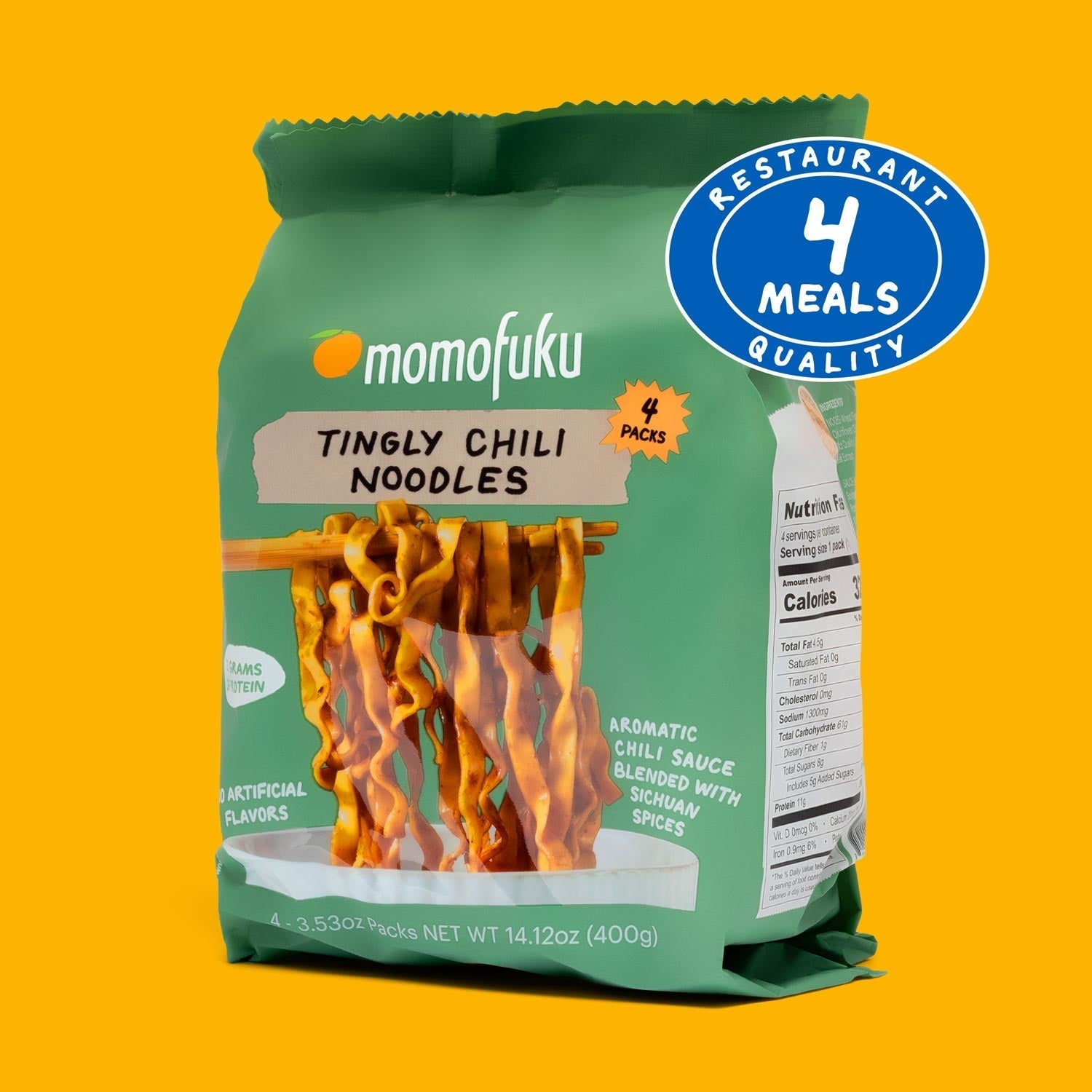 Momofuku Tingly Chili Noodles packaging on a yellow background with a '4 Meals Quality' badge.