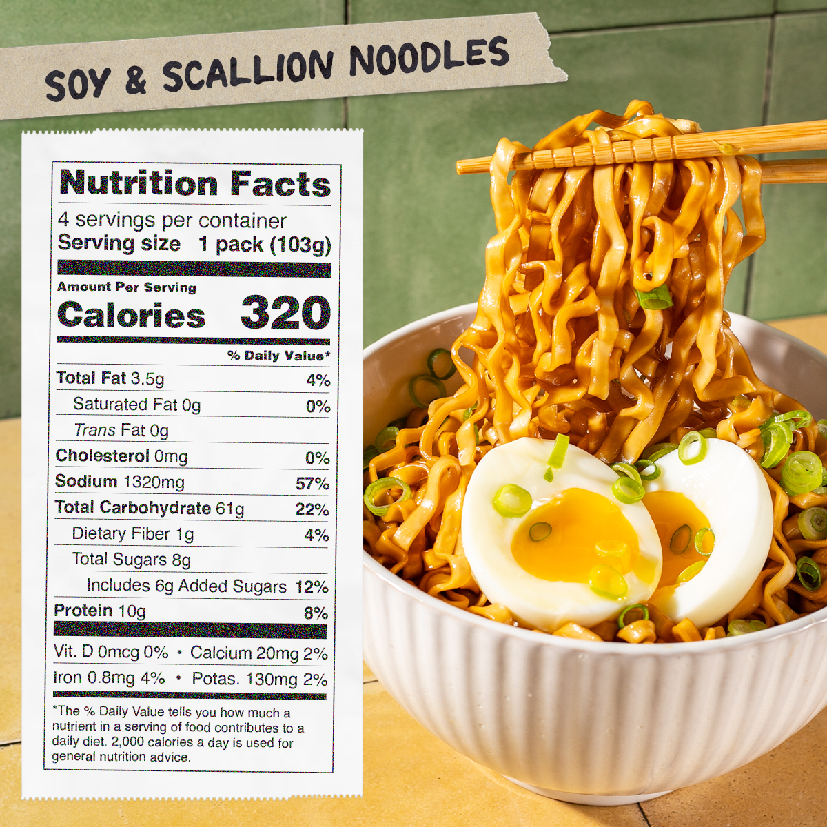 Bowl of soy and scallion noodles with chopsticks and a nutrition facts label on a green background