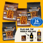 Momofuku sesame miso and soy scallion noodles packages with additional sauces on a yellow background