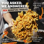 Promotional image of Momofuku noodles with text highlighting features.