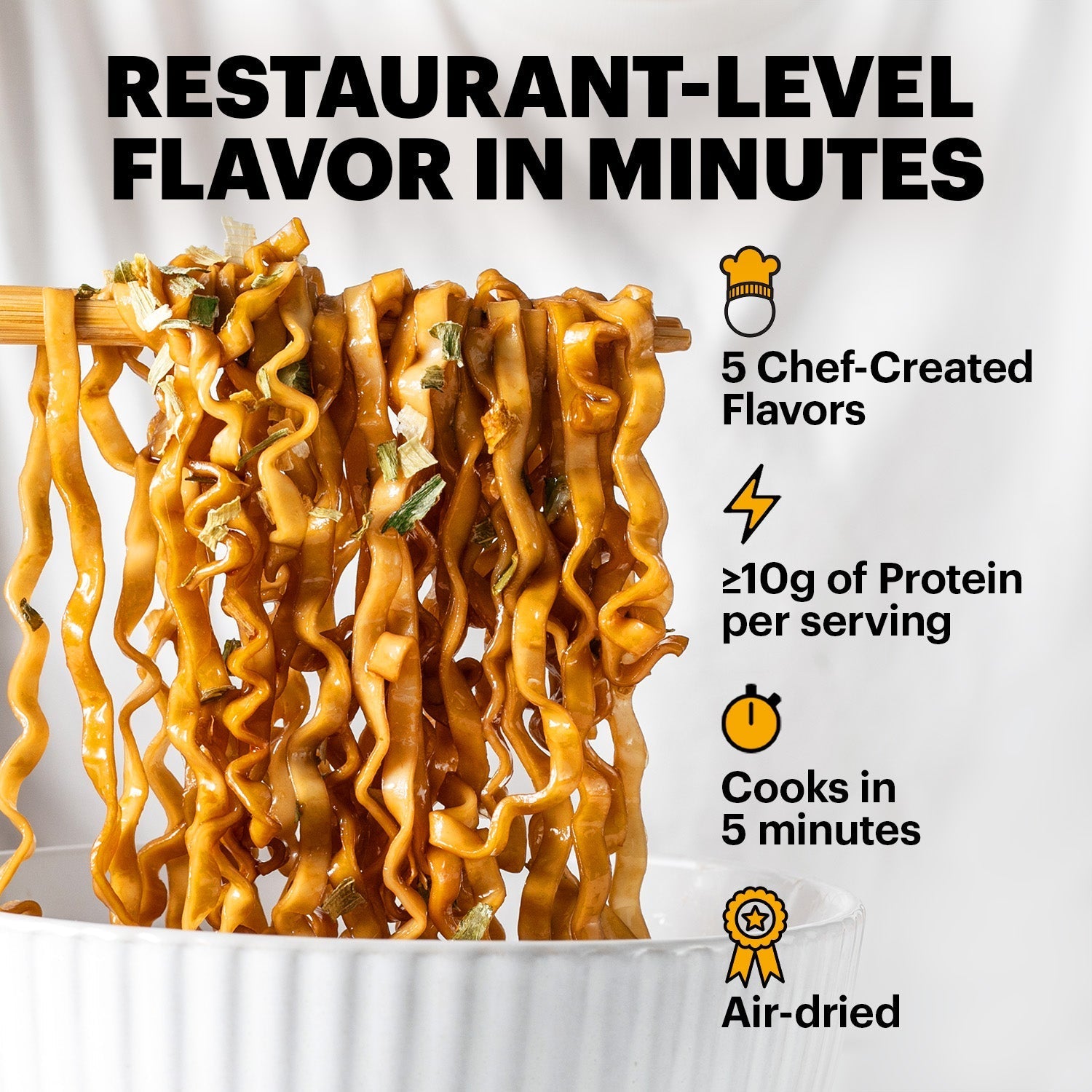 Noodles with grey background describing noodle advantages
