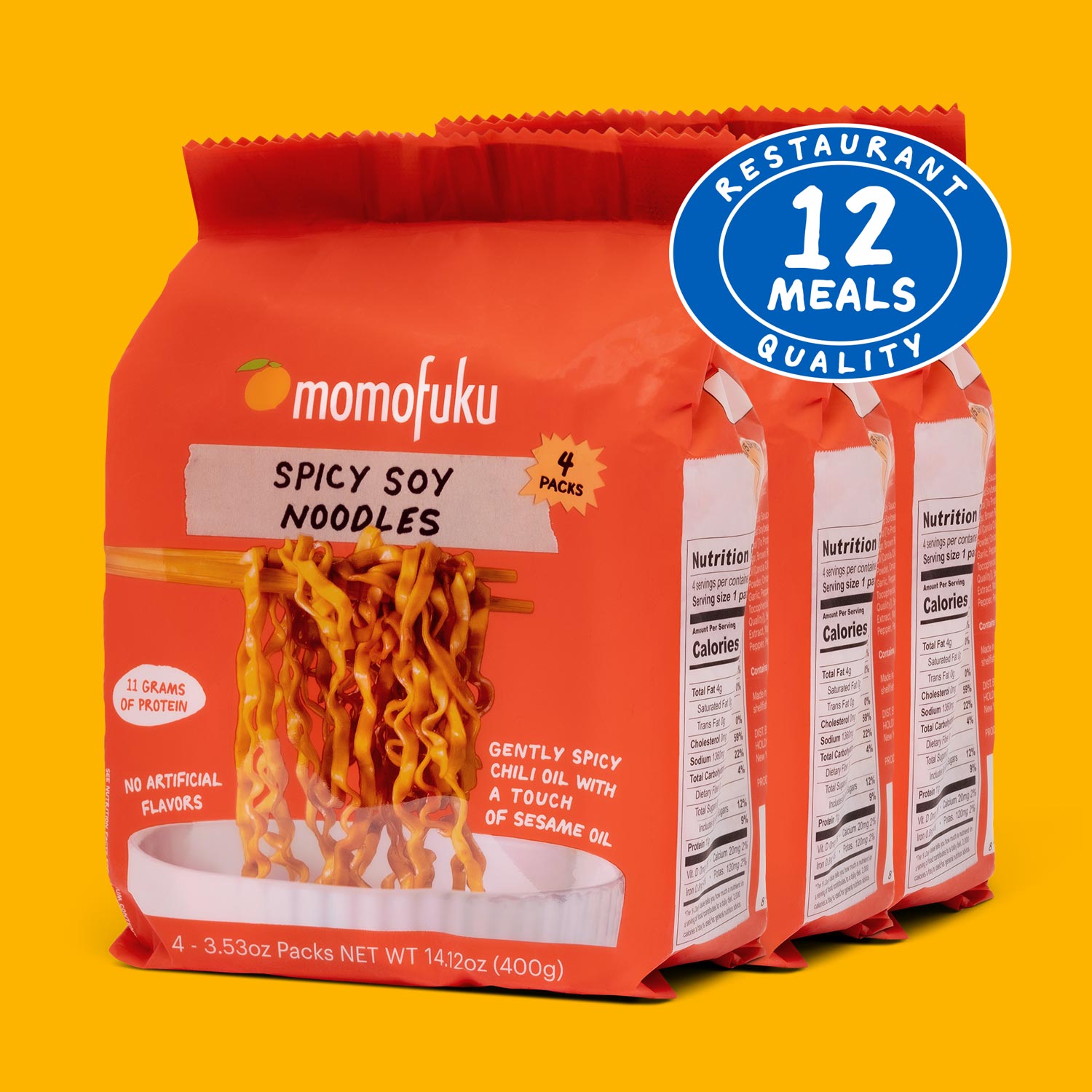 Packaging of Momofuku Spicy Soy Noodles with a label indicating 12 meals quality on a yellow background.