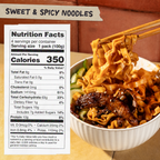 Bowl of sweet and spicy noodles with chopsticks and nutrition facts label on the side.