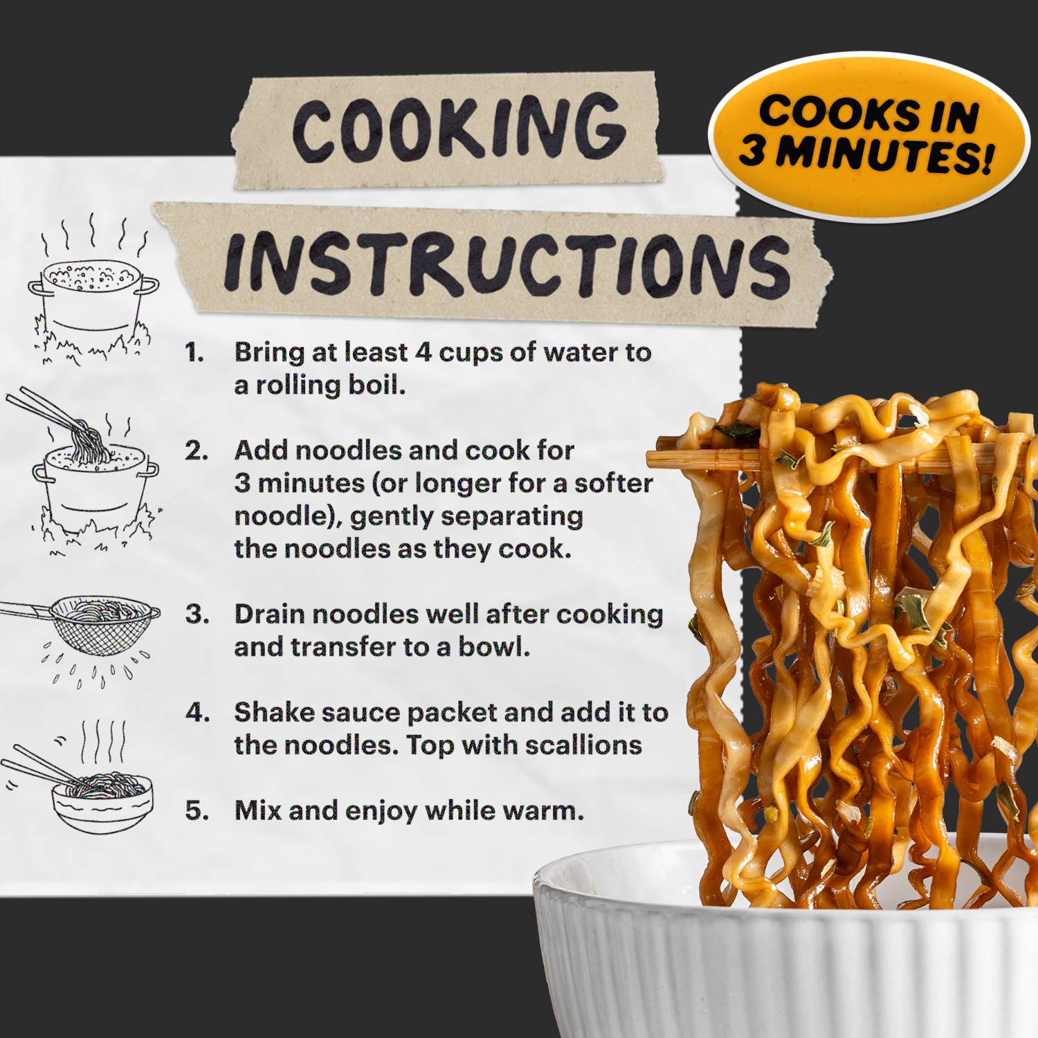 Cooking instructions for noodles with a bowl of noodles and sauce on a black background